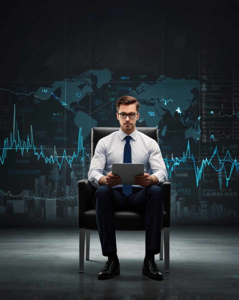 Professional forex trader analyzing market trends on a tablet. Break & Retest strategy expert reviewing price action and technical analysis.