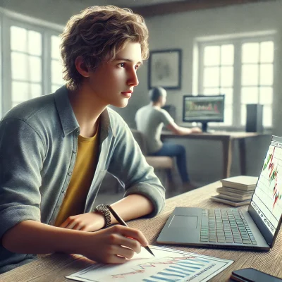 Beginner Forex Trader Young beginner forex trader analyzing market trends and price action on a laptop. Studying charts and making notes to develop trading skills.