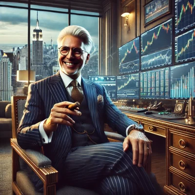 Elite Forex Trader Wealthy and experienced forex trader in a luxurious office, confidently holding a cigar while monitoring multiple trading charts on large screens.